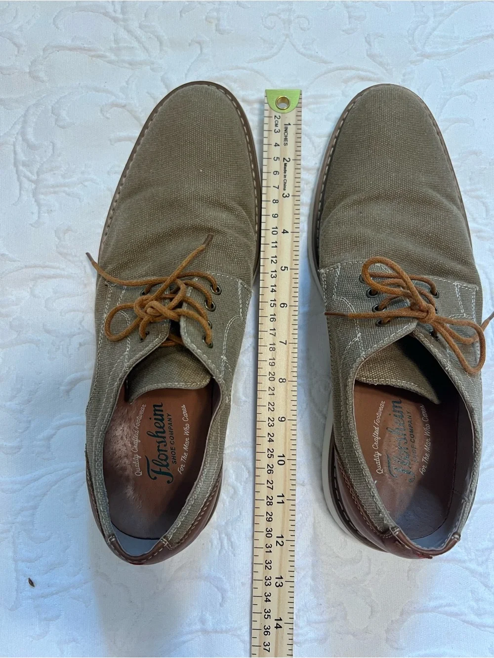 Florsheim Union Plain Toe Khaki Canvas Oxford Shoe with Leather Accents size 9.5